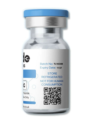 Glass vial with blue cap, peptide label, QR code, research use only, batch info visible