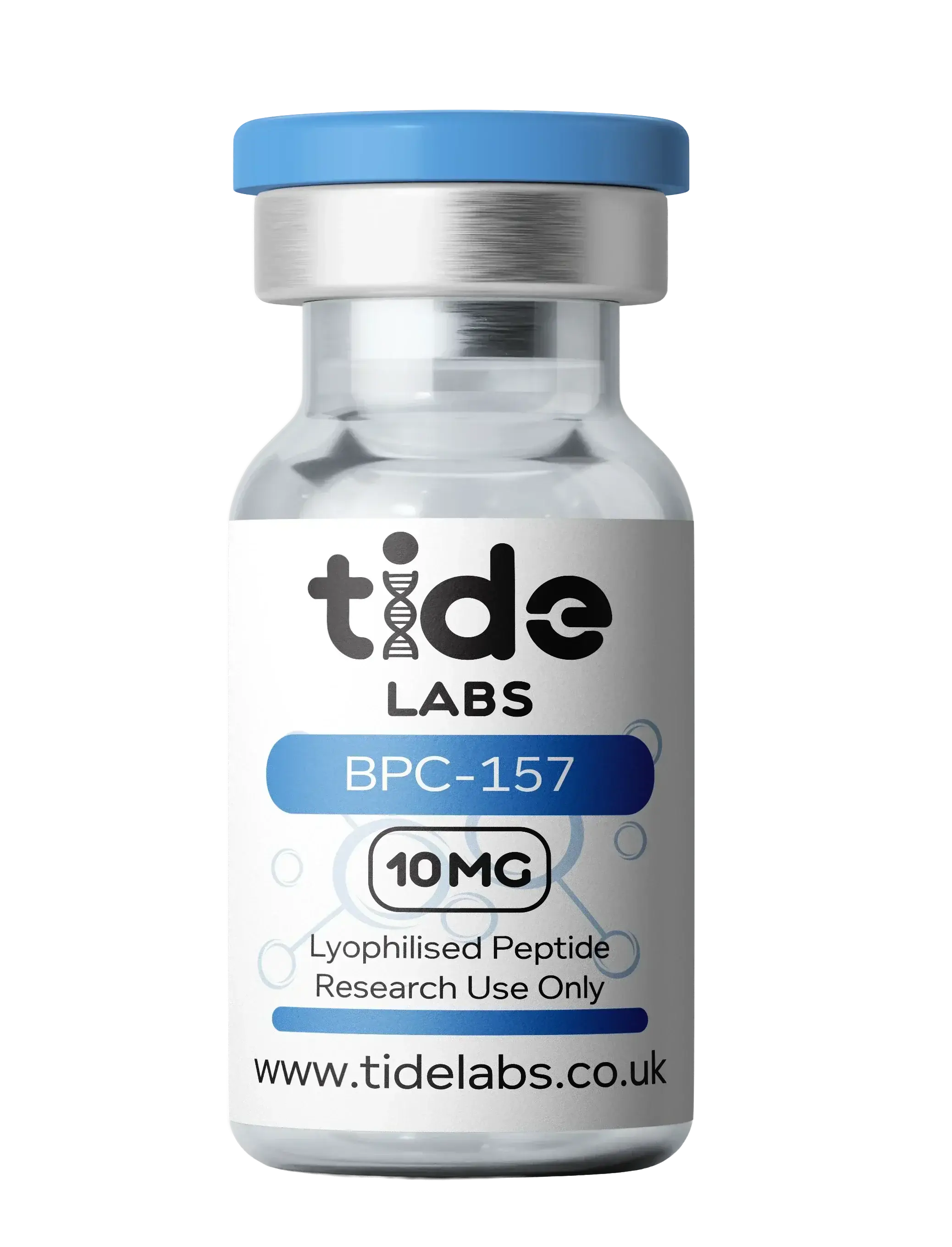 Vial labeled 'tide LABS BPC-157' on a white background