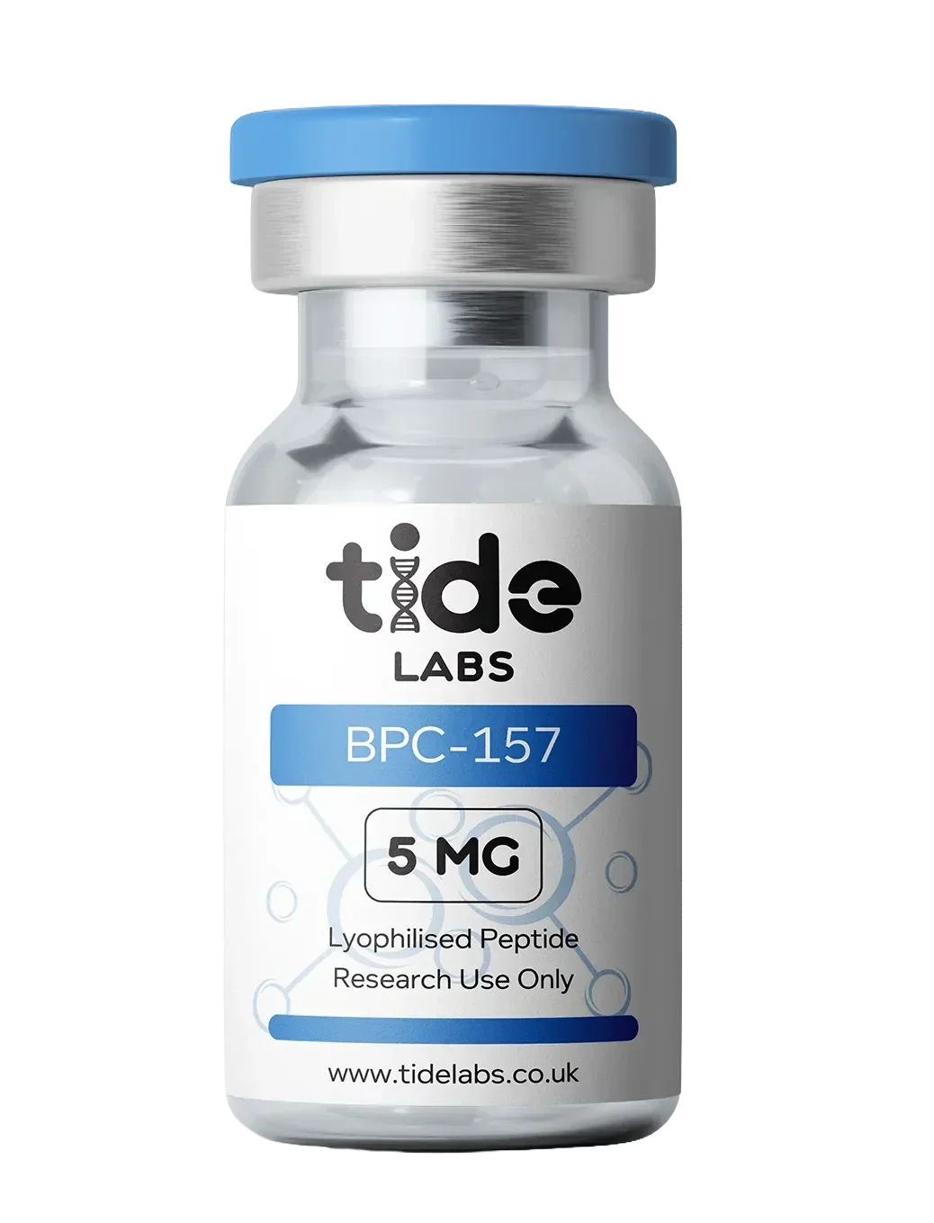 BPC-157 5mg lyophilised peptide vial with blue cap, labeled for research use only