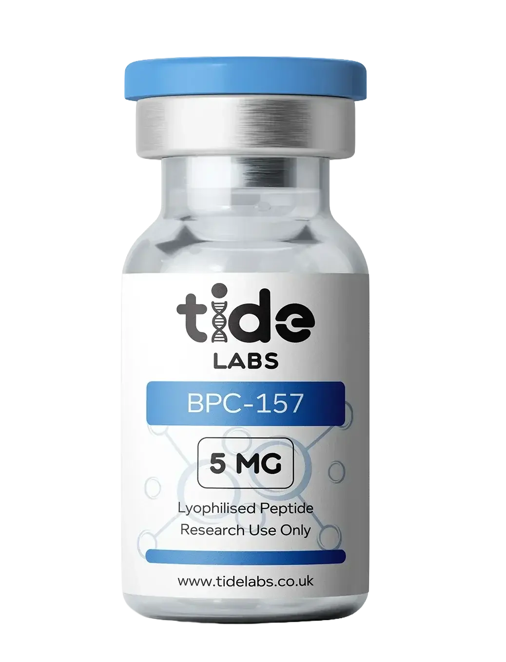 BPC-157 5mg lyophilised peptide vial with blue cap, labeled for research use only