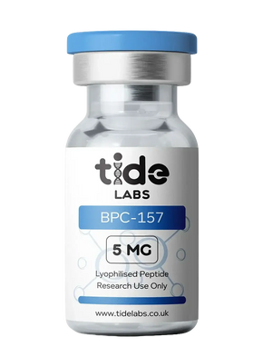 BPC-157 5mg lyophilised peptide vial with blue cap, labeled for research use only