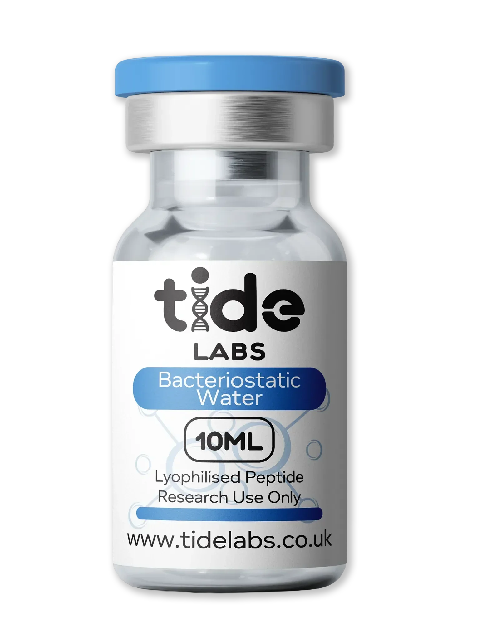 10ml vial of bacteriostatic water with blue cap, labeled for peptide research use