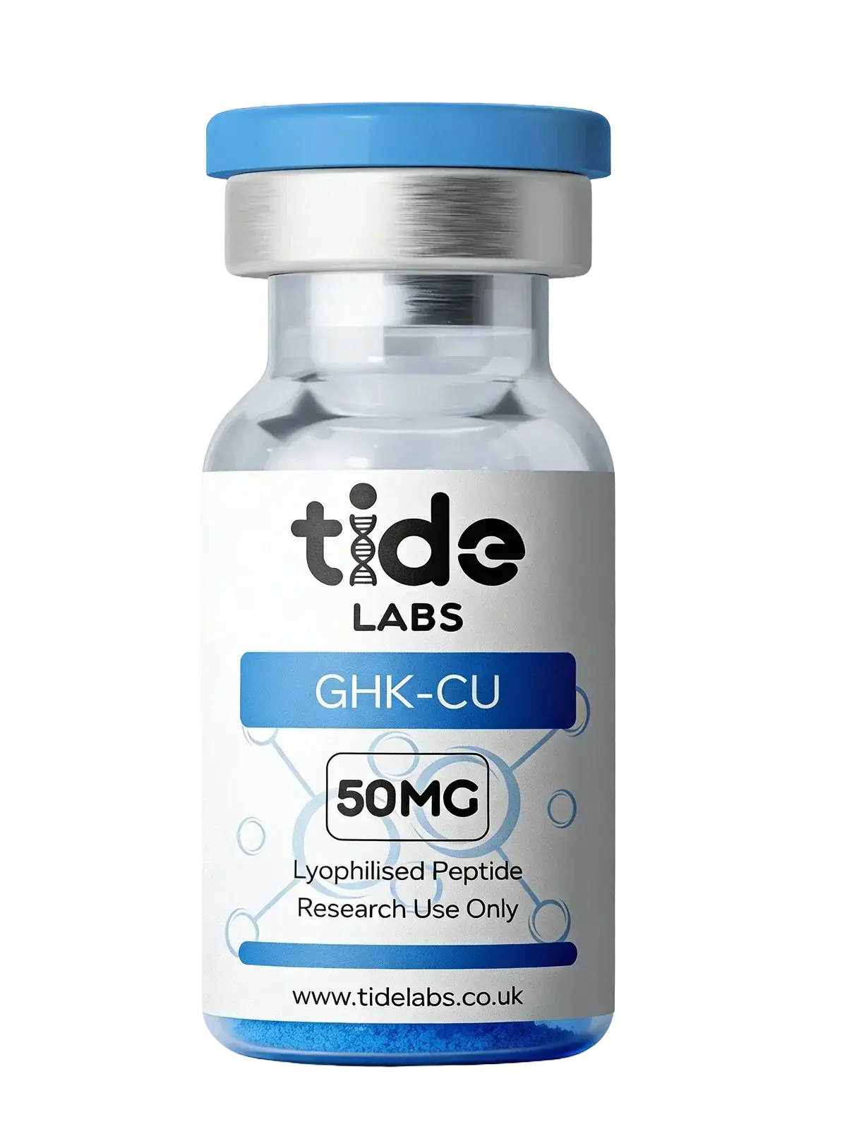 GHK-Cu 50mg lyophilised peptide research vial with blue cap and molecular graphic