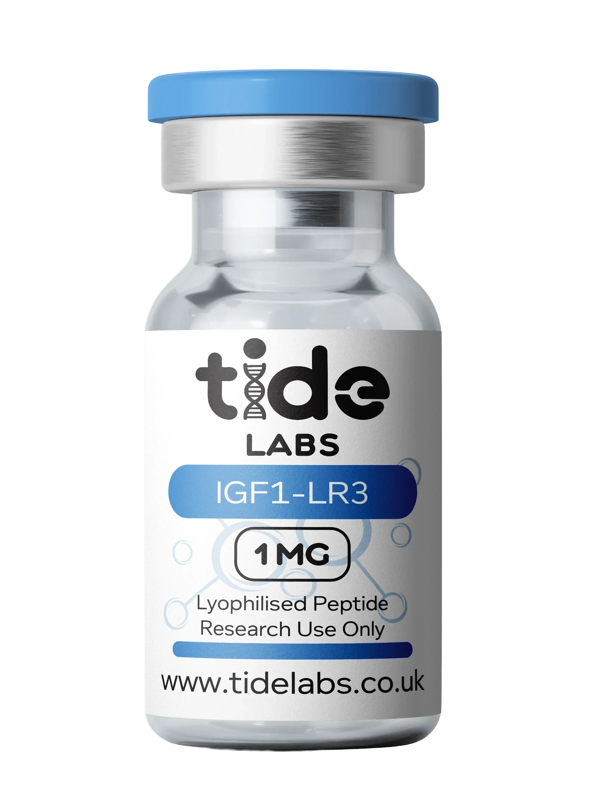 Vial labeled 'tide LABS' with IGF1-LR3 on a white background