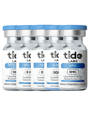 Five research peptide vials with blue caps labeled BPC-157, TB-500, GHK-Cu, KPV, and Bacteriostatic Water