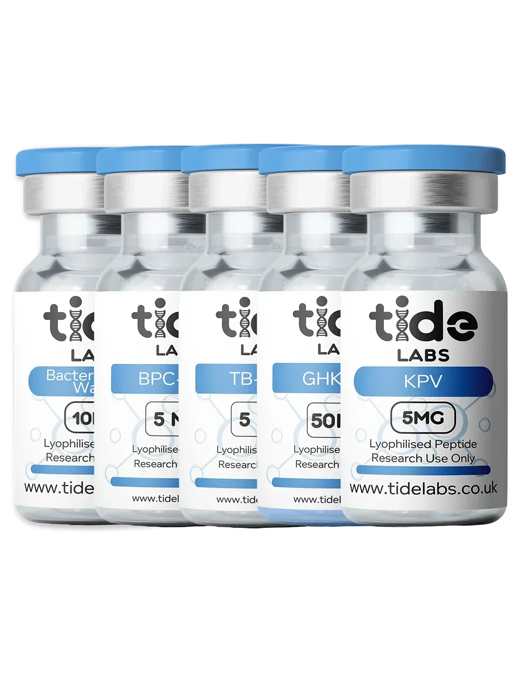 Five research peptide vials with blue caps labeled BPC-157, TB-500, GHK-Cu, KPV, and Bacteriostatic Water