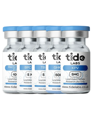 Five research peptide vials with blue caps labeled BPC-157, TB-500, GHK-Cu, KPV, and Bacteriostatic Water