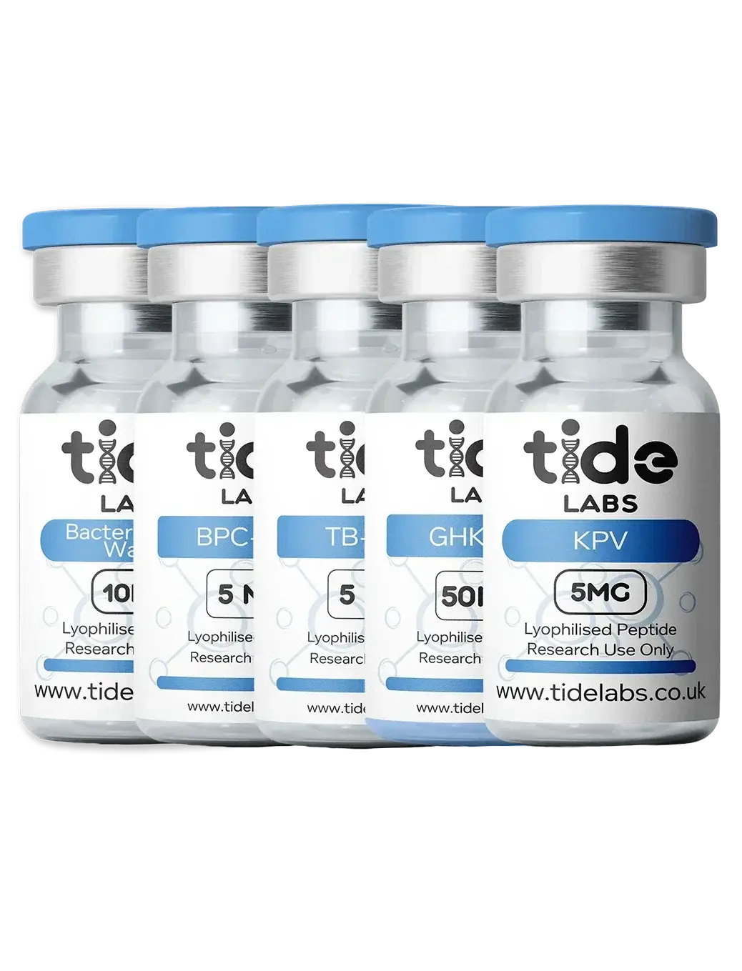 Five research peptide vials with blue caps labeled BPC-157, TB-500, GHK-Cu, KPV, and Bacteriostatic Water