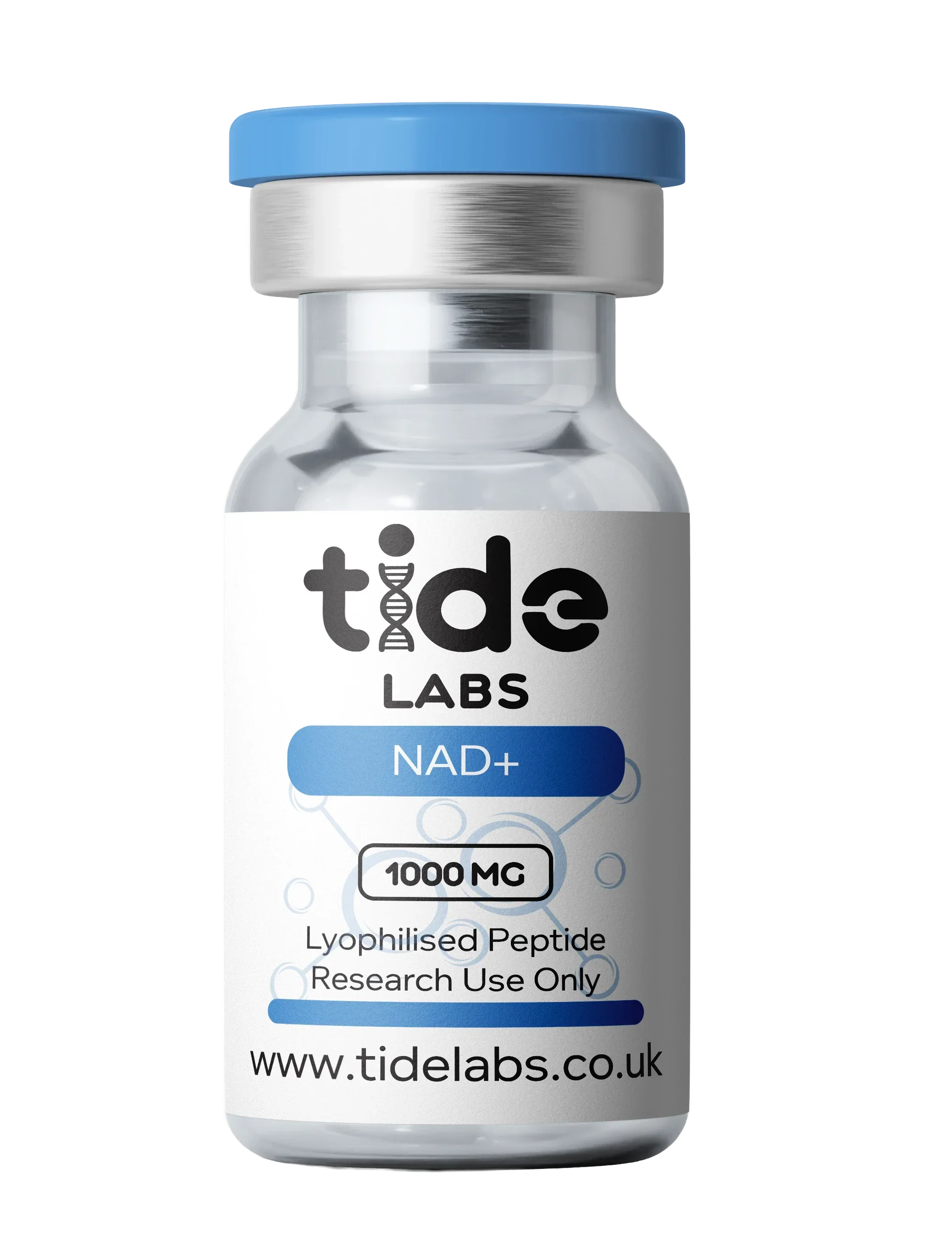 Vial labeled 'tide LABS NAD+ 1000 MG' on a white background