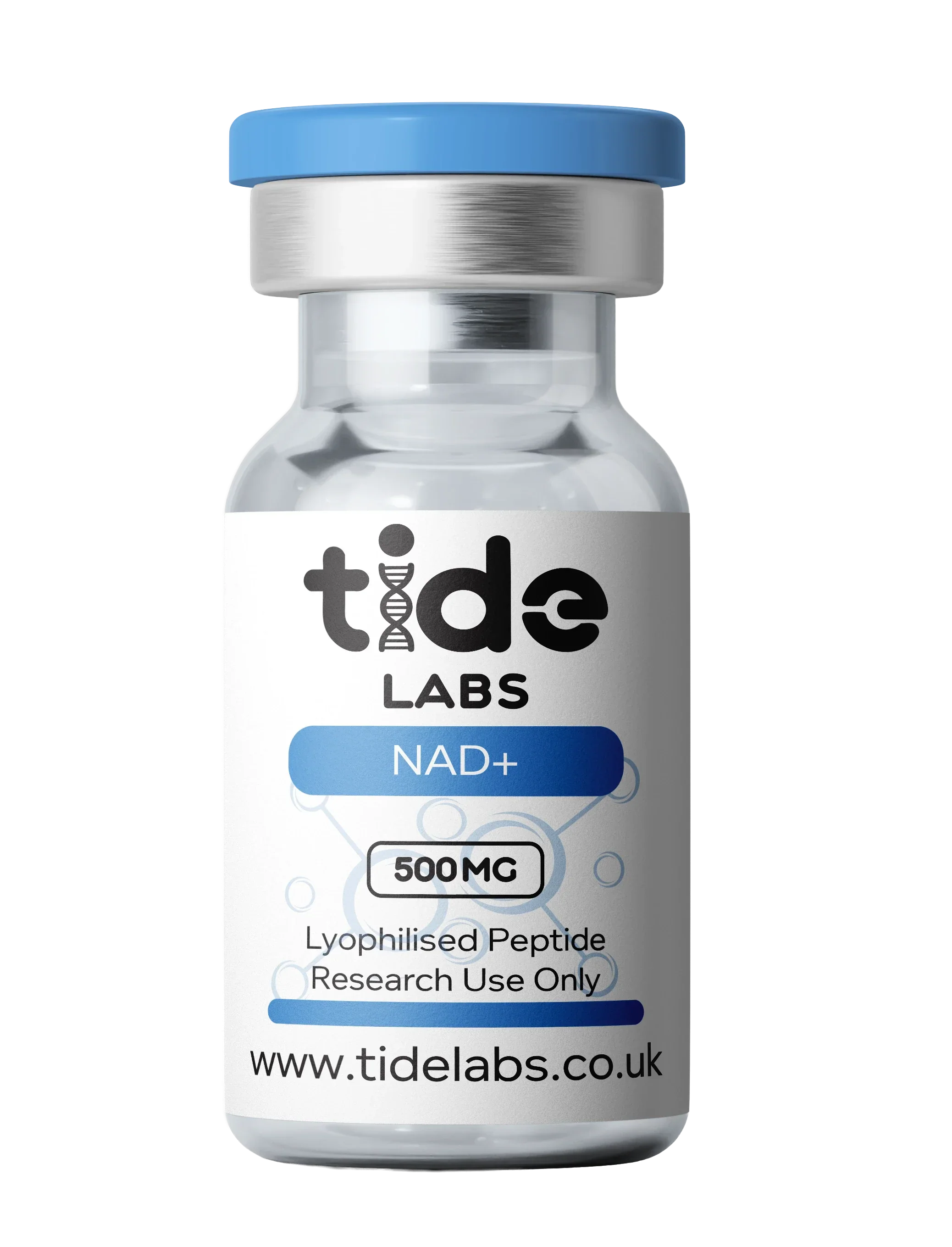 Vial labeled 'tide LABS NAD+ 1000 MG' on a white background