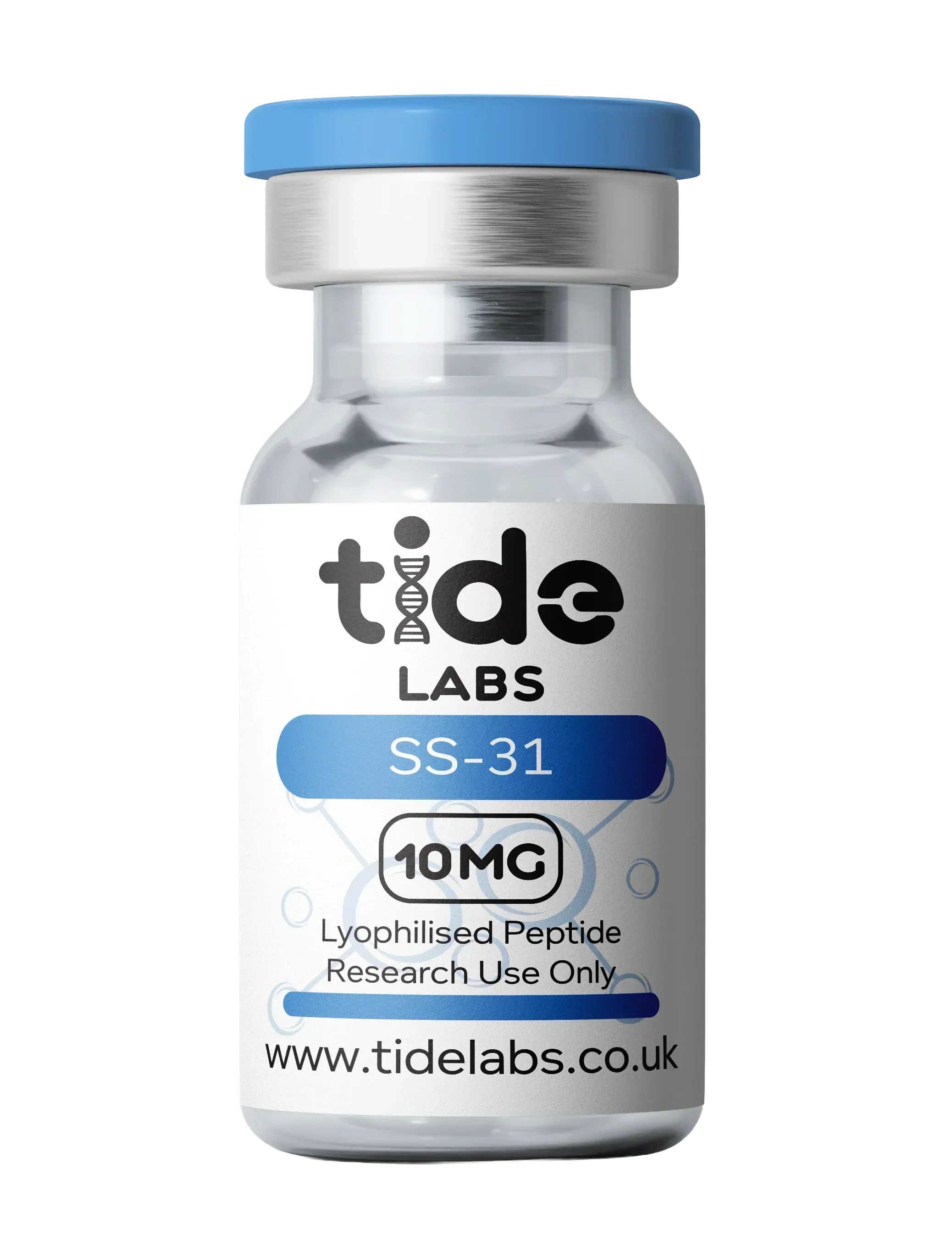 SS-31 peptide 10mg lyophilised vial with blue cap, research use only label visible