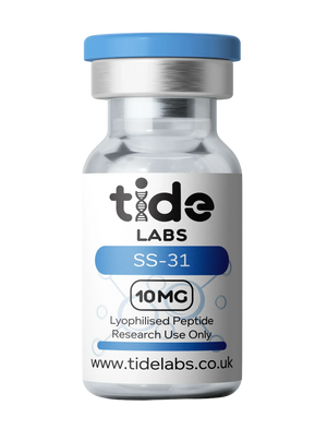 SS-31 peptide 10mg lyophilised vial with blue cap, research use only label visible