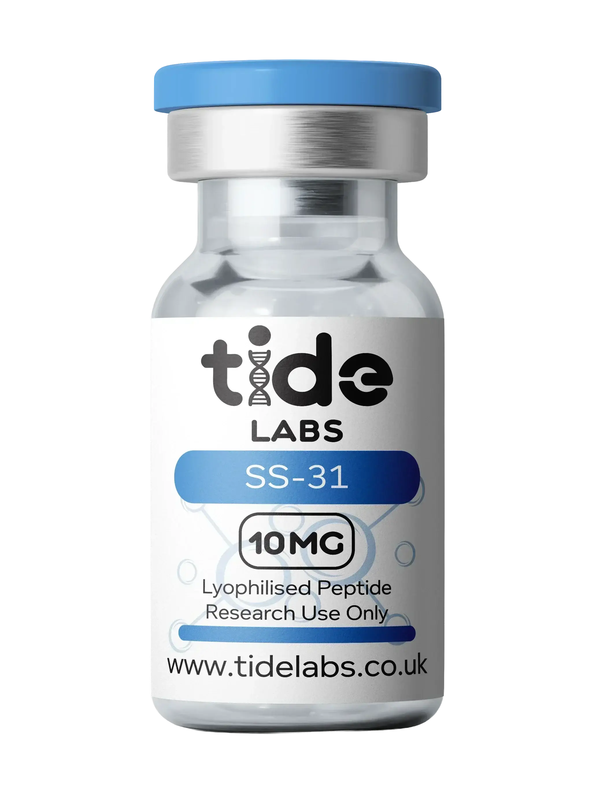 SS-31 peptide 10mg lyophilised vial with blue cap, research use only label visible
