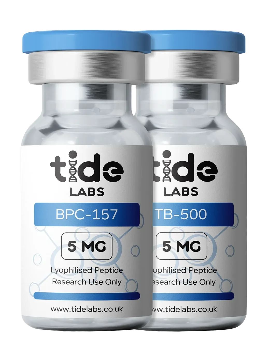 Two medical vials with blue caps labeled Tide Labs BPC-157 and TB-500 peptides 5 MG for research use