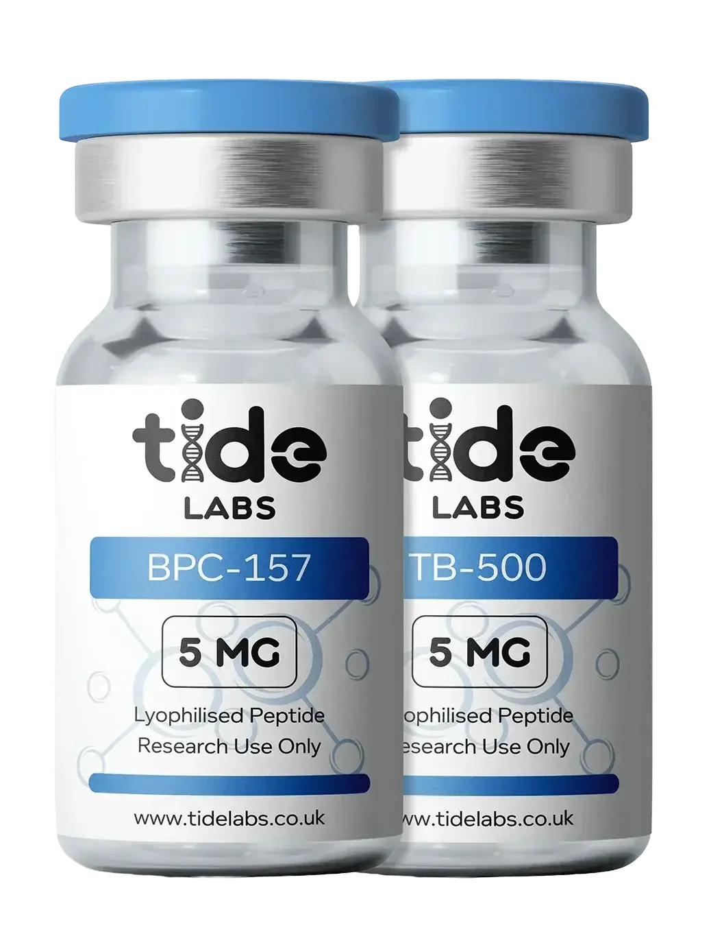 Two peptide vials labeled BPC-157 and TB-500, 5mg lyophilised for research use