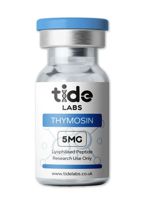 Thymosin 5mg lyophilised peptide vial with blue cap, labelled for research use only