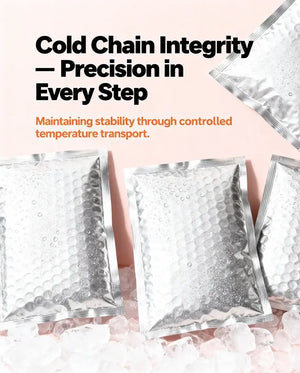 Cold chain insulated packaging pouches on ice for temperature-controlled shipping.