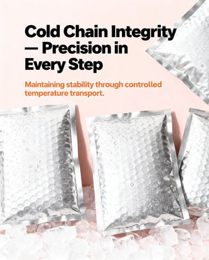 Silver cold chain packaging pouches on ice, highlighting temperature-controlled transport.