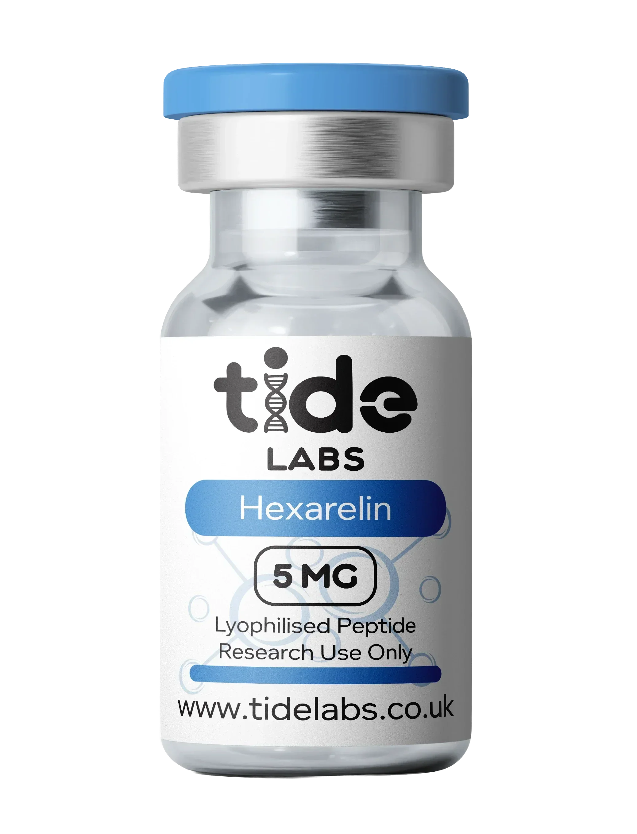 Hexarelin 5mg lyophilised peptide vial with blue cap labeled for research use
