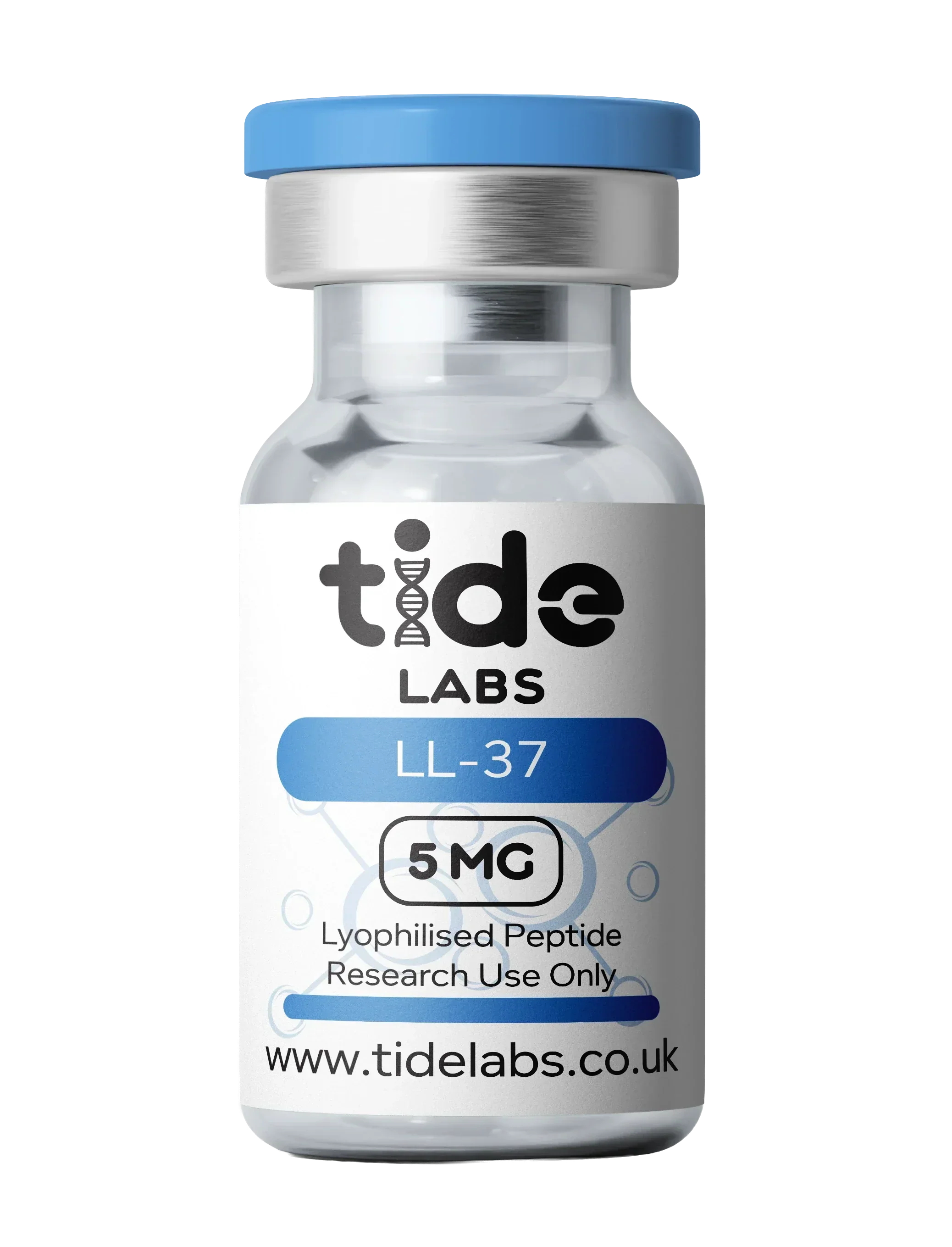 LL-37 lyophilised peptide 5mg vial with blue cap labeled for research use