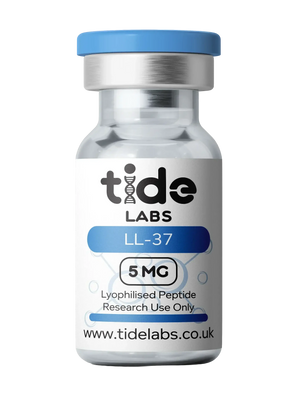 LL-37 lyophilised peptide 5mg vial with blue cap labeled for research use