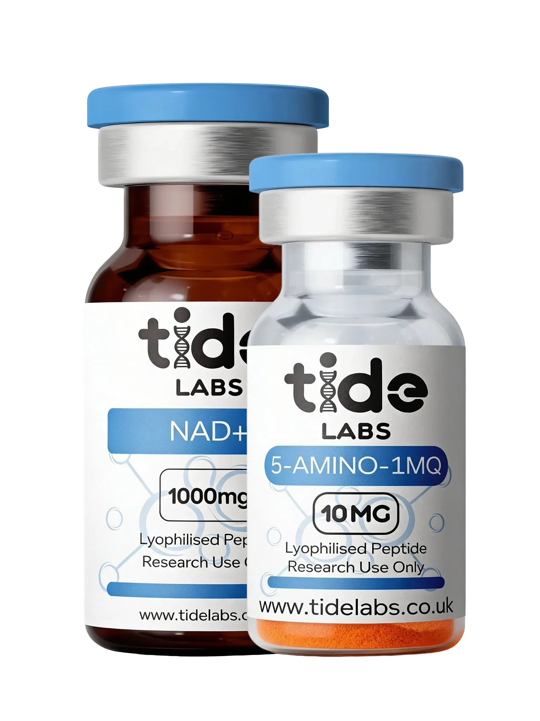 Two research peptide vials labeled NAD+ and 5-Amino-1MQ with blue caps