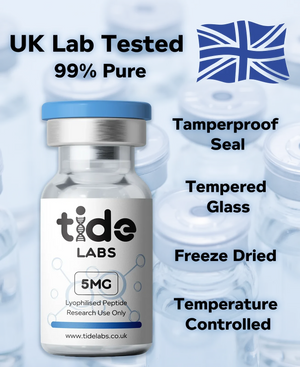 5mg lyophilised peptide vial with blue cap, UK lab tested, 99% pure, tamperproof seal, tempered glass, freeze dried, temperature controlled.