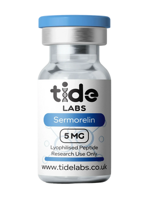 Vial labeled Sermorelin 5mg lyophilized peptide for research use, blue cap, clear liquid