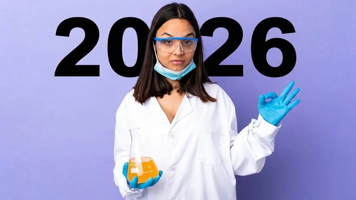 Female scientist in lab coat and gloves holding orange liquid in flask, 2026 text background