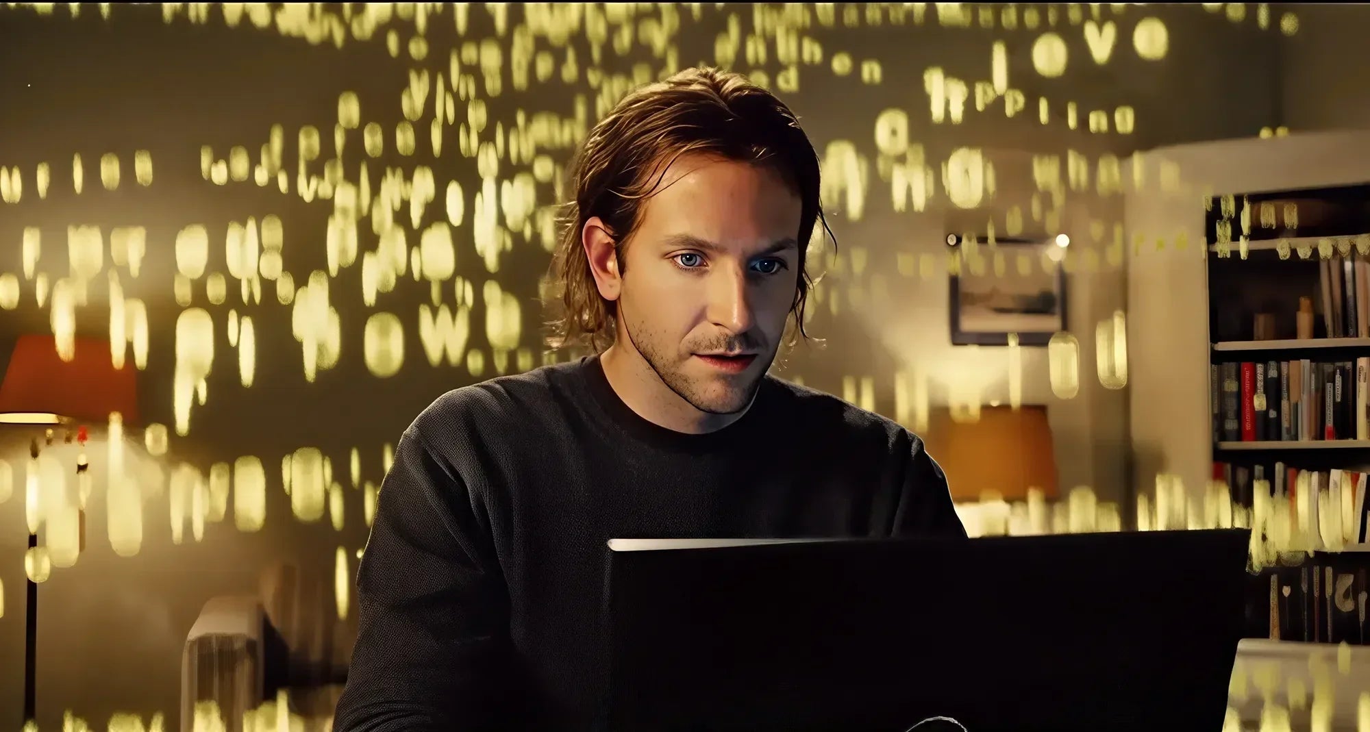 Man at laptop surrounded by glowing yellow code symbols in modern home office setting