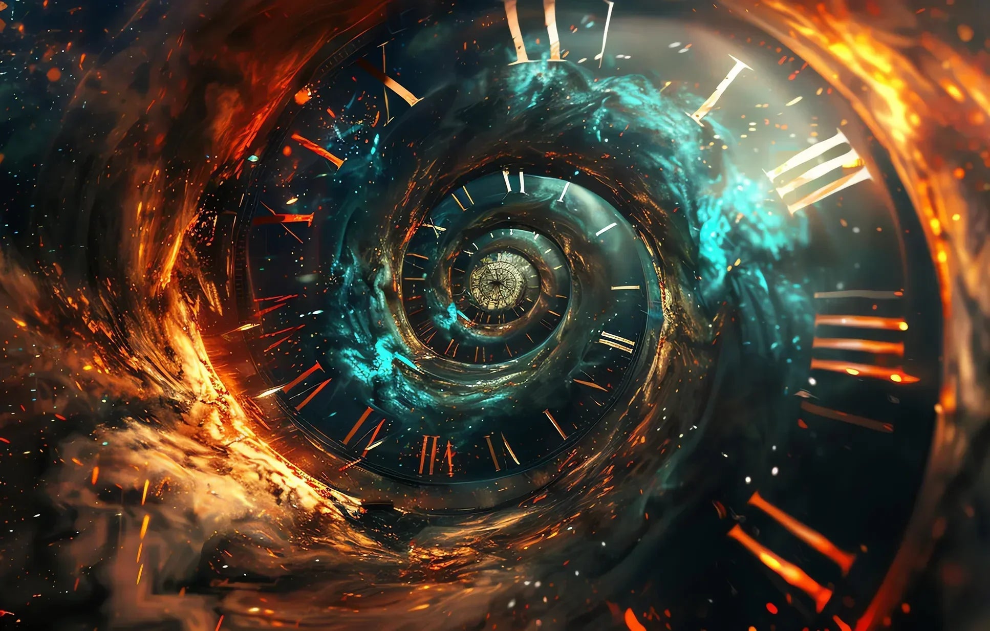 Spiraling clock face with glowing Roman numerals, fire and blue cosmic energy accents