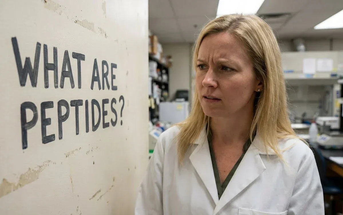 Scientist in lab coat looking at wall with 'What are peptides?' text, laboratory background
