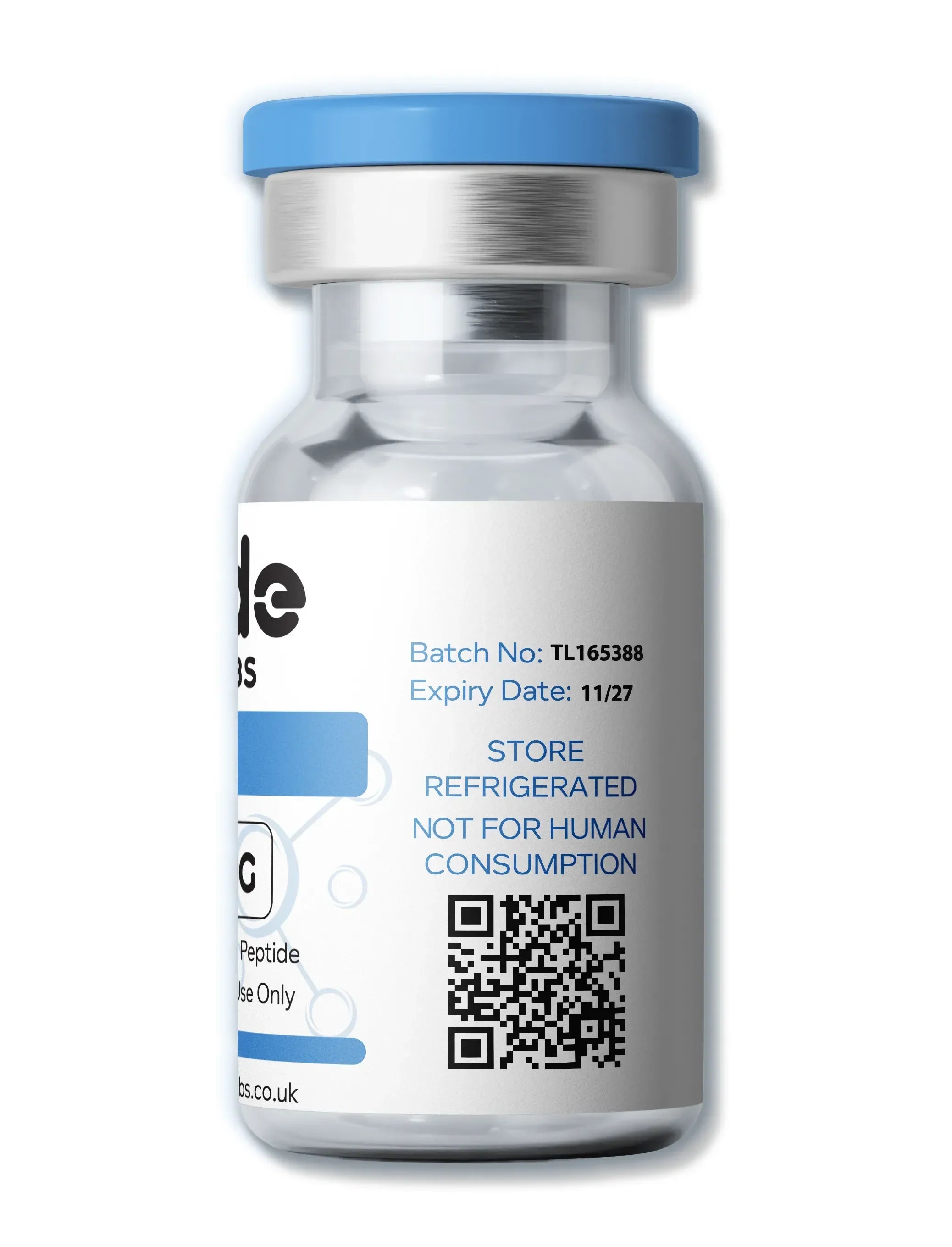 Clear research peptide vial with blue cap, batch number and expiry date visible, labeled not for human consumption.