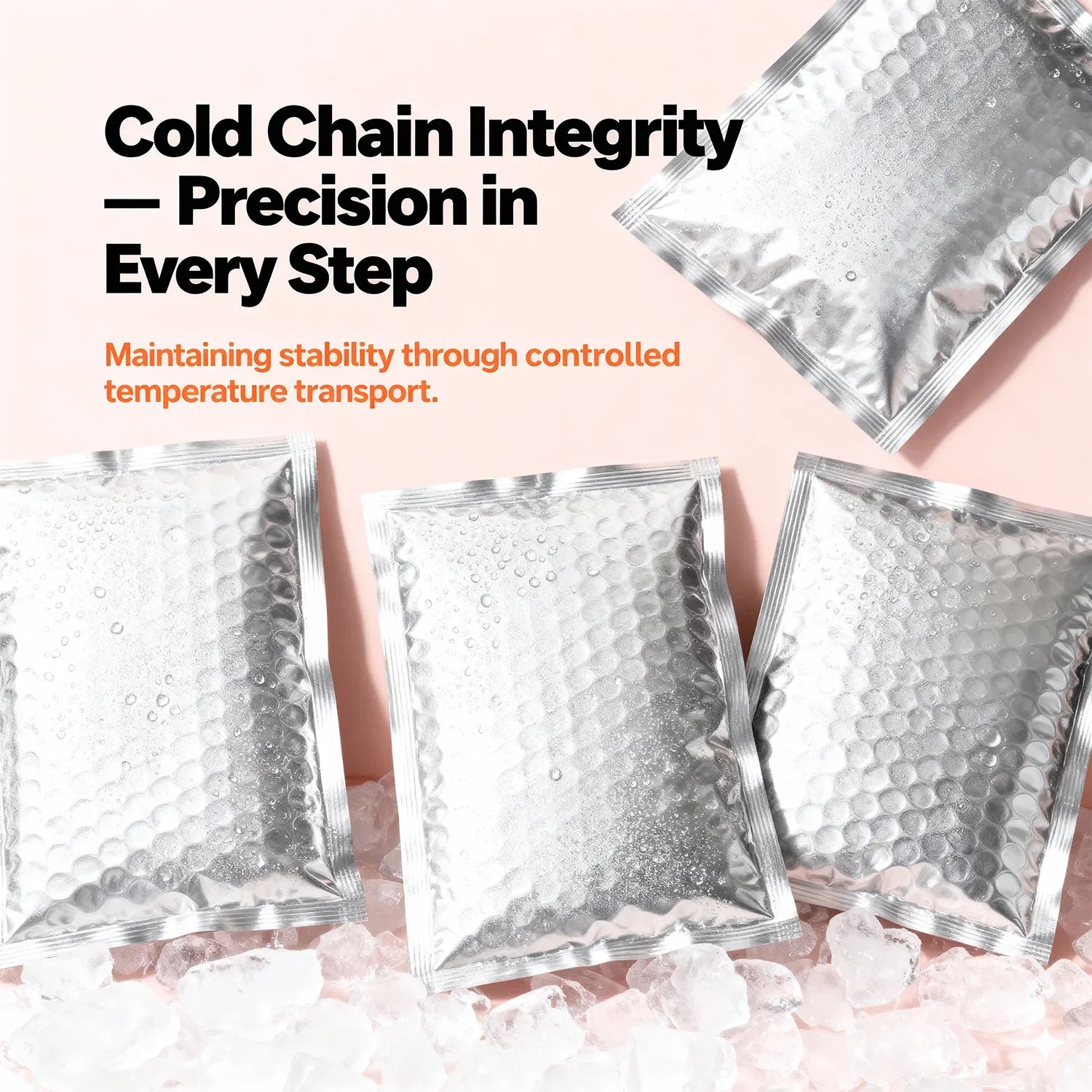 Silver insulated cold chain shipping pouches with condensation on ice, highlighting controlled temperature transport.