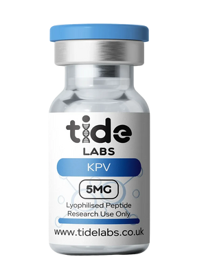 Clear vial labeled KPV 5mg lyophilised peptide for research with blue cap and website URL.