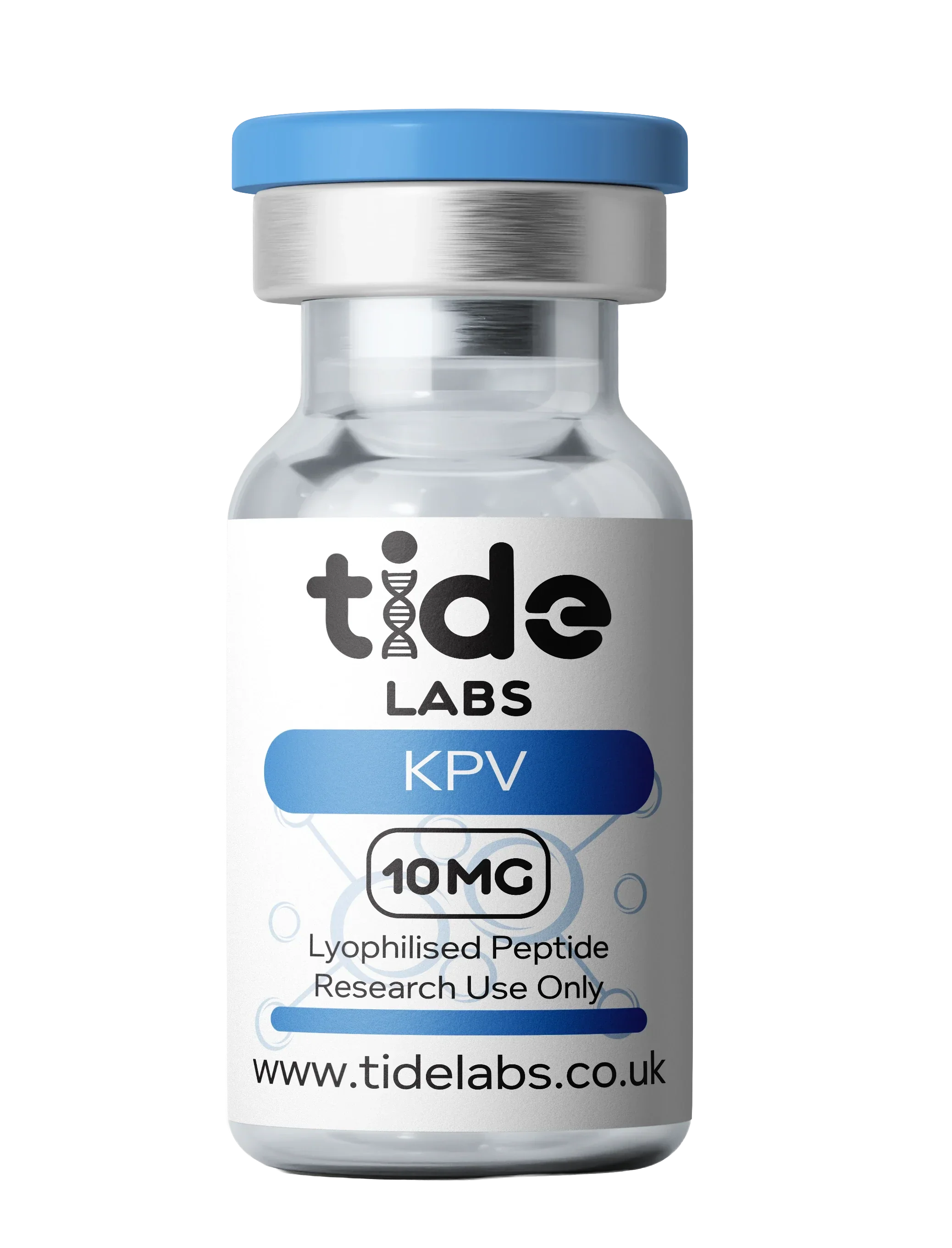 KPV 10mg lyophilised peptide vial with blue cap and white label for research use