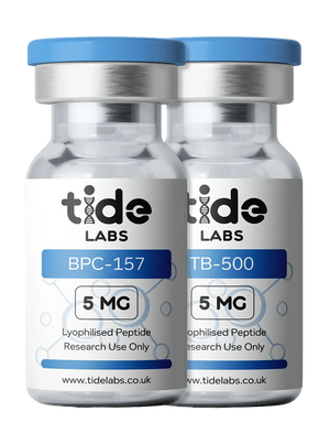 Two medical vials with blue caps labeled Tide Labs BPC-157 and TB-500 peptides 5 MG for research use
