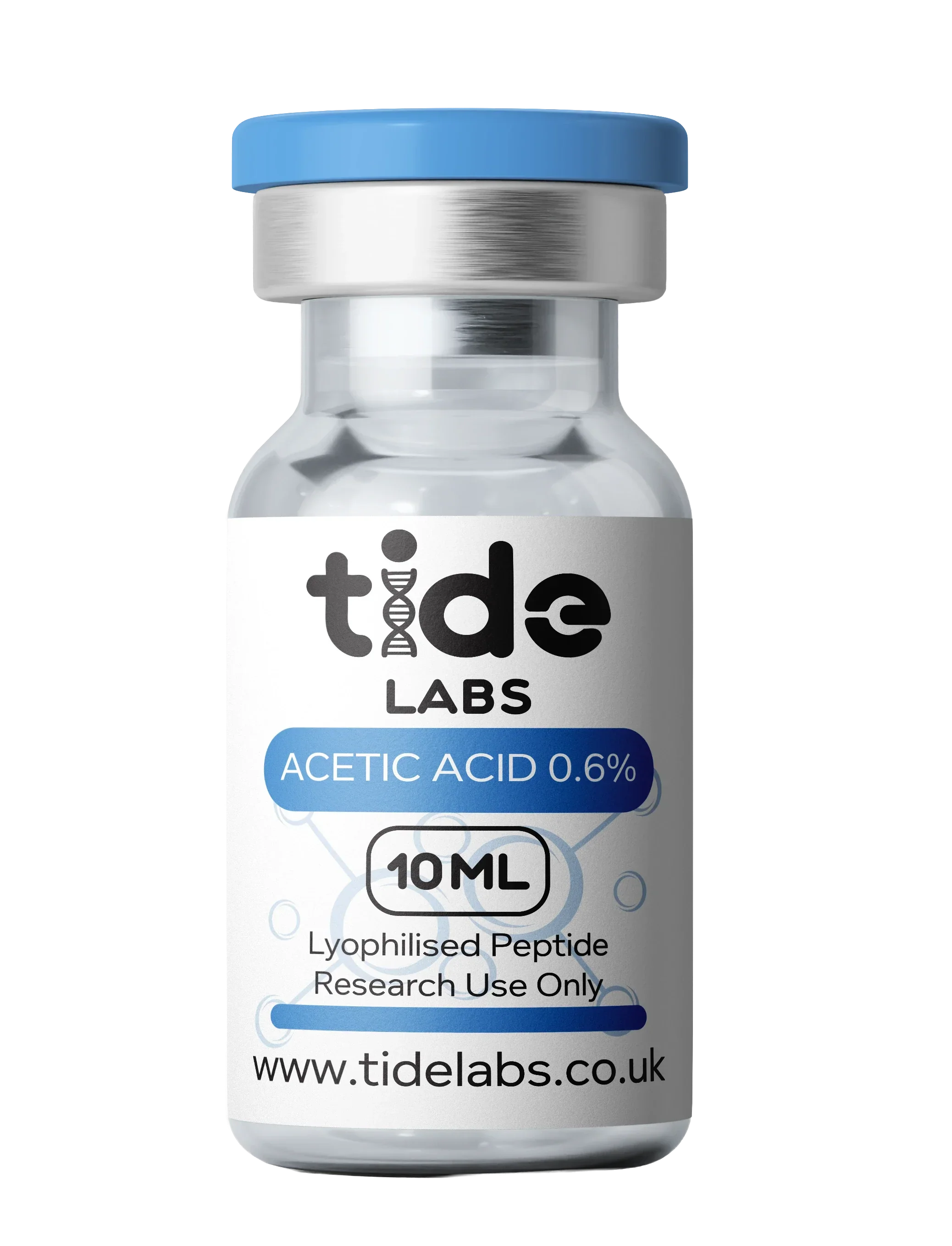 Acetic acid 0.6% lyophilised peptide 10ml research vial with blue cap and label
