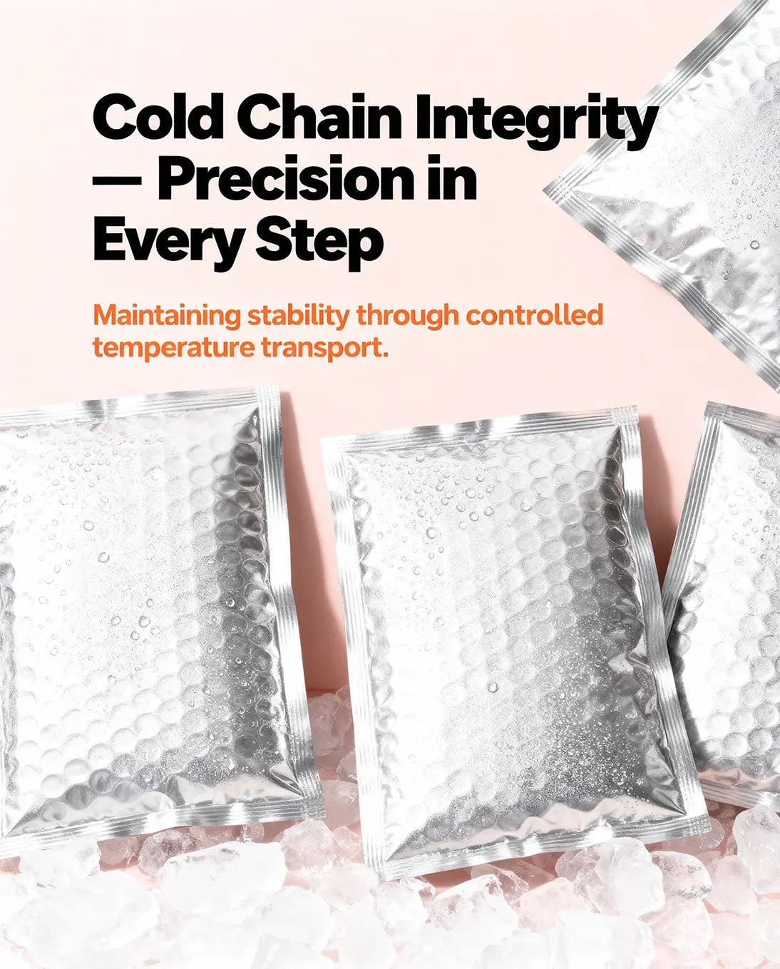 Silver insulated cold chain packaging pouches on ice, highlighting temperature-controlled shipping.