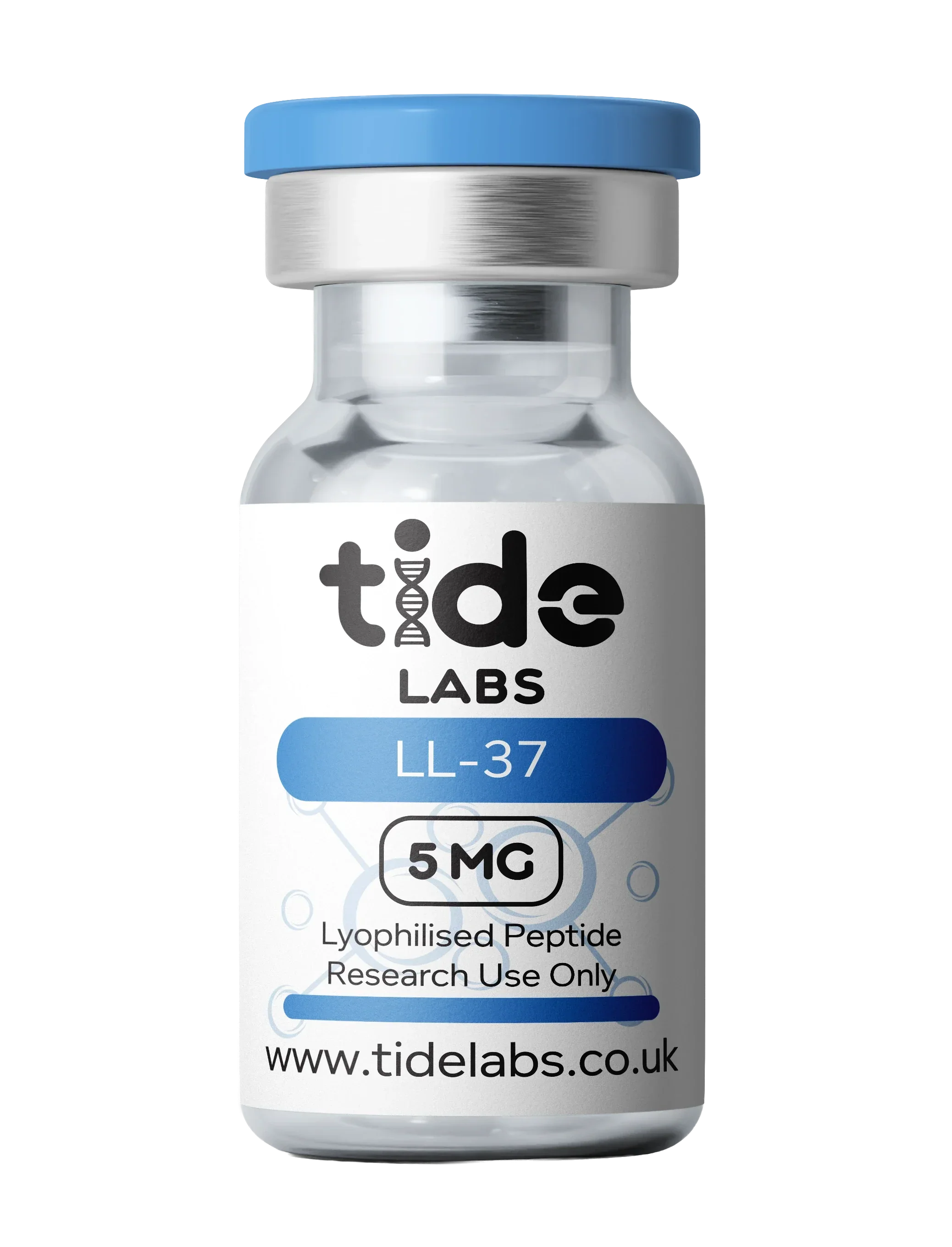 LL-37 lyophilised peptide 5mg vial with blue cap labeled for research use
