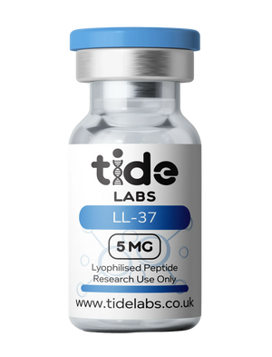 LL-37 lyophilised peptide 5mg vial with blue cap labeled for research use