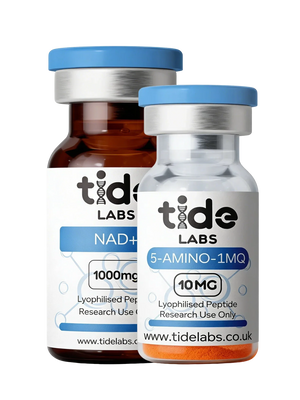 Two research peptide vials labeled NAD+ and 5-Amino-1MQ with blue caps