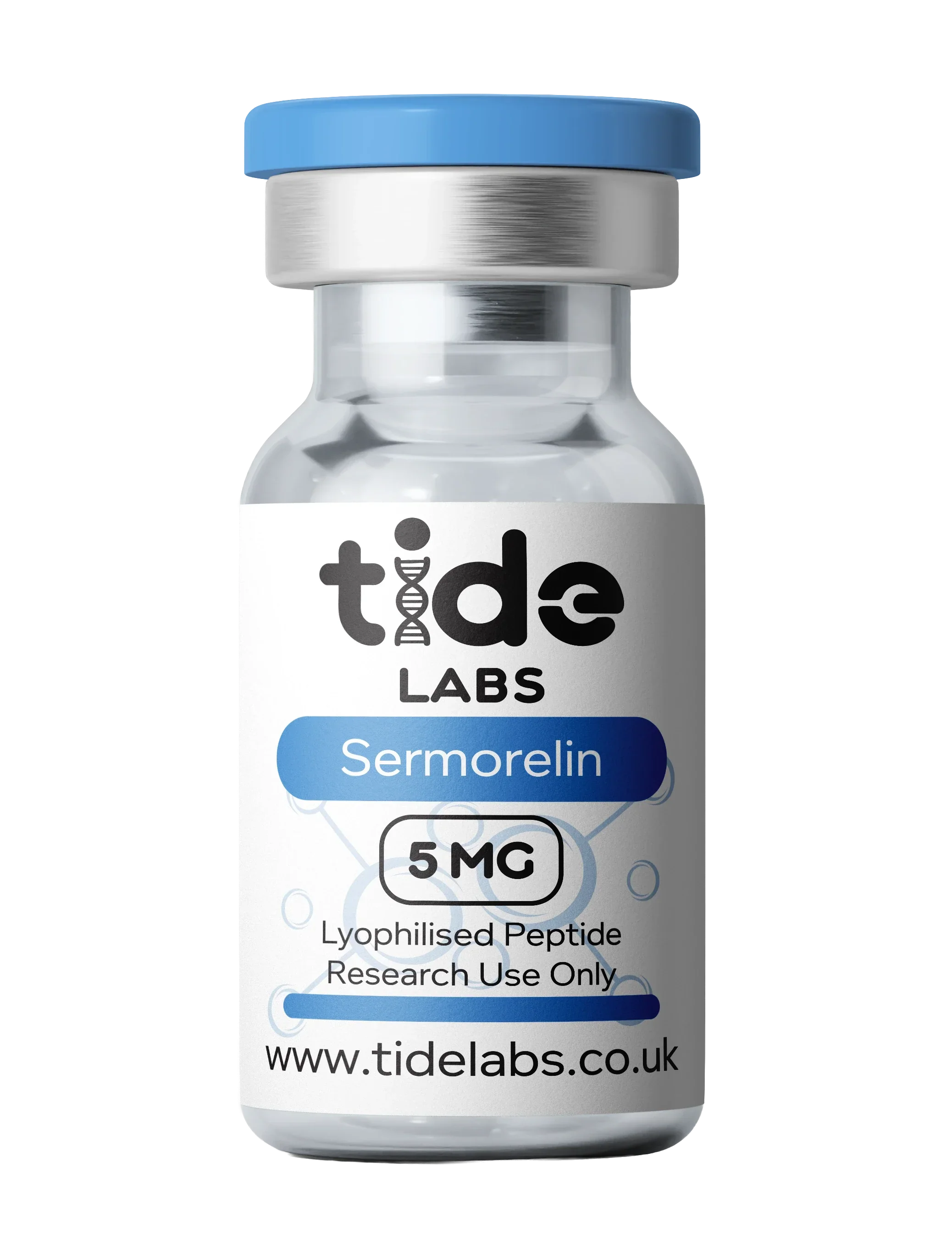Vial labeled Sermorelin 5mg lyophilized peptide for research use, blue cap, clear liquid
