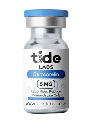 Vial labeled Sermorelin 5mg lyophilized peptide for research use, blue cap, clear liquid